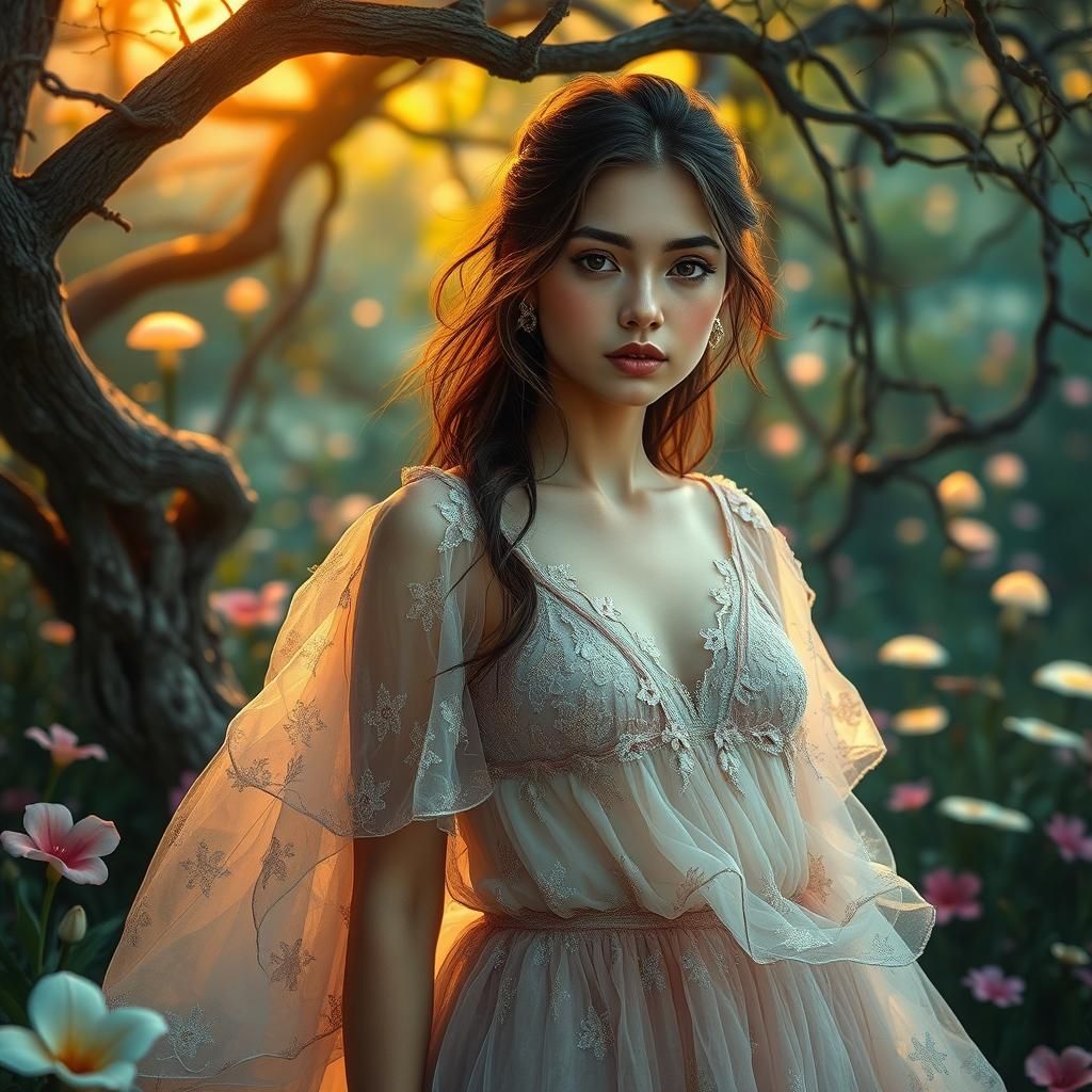 Ethereal Woman in Mystical Forest Glade