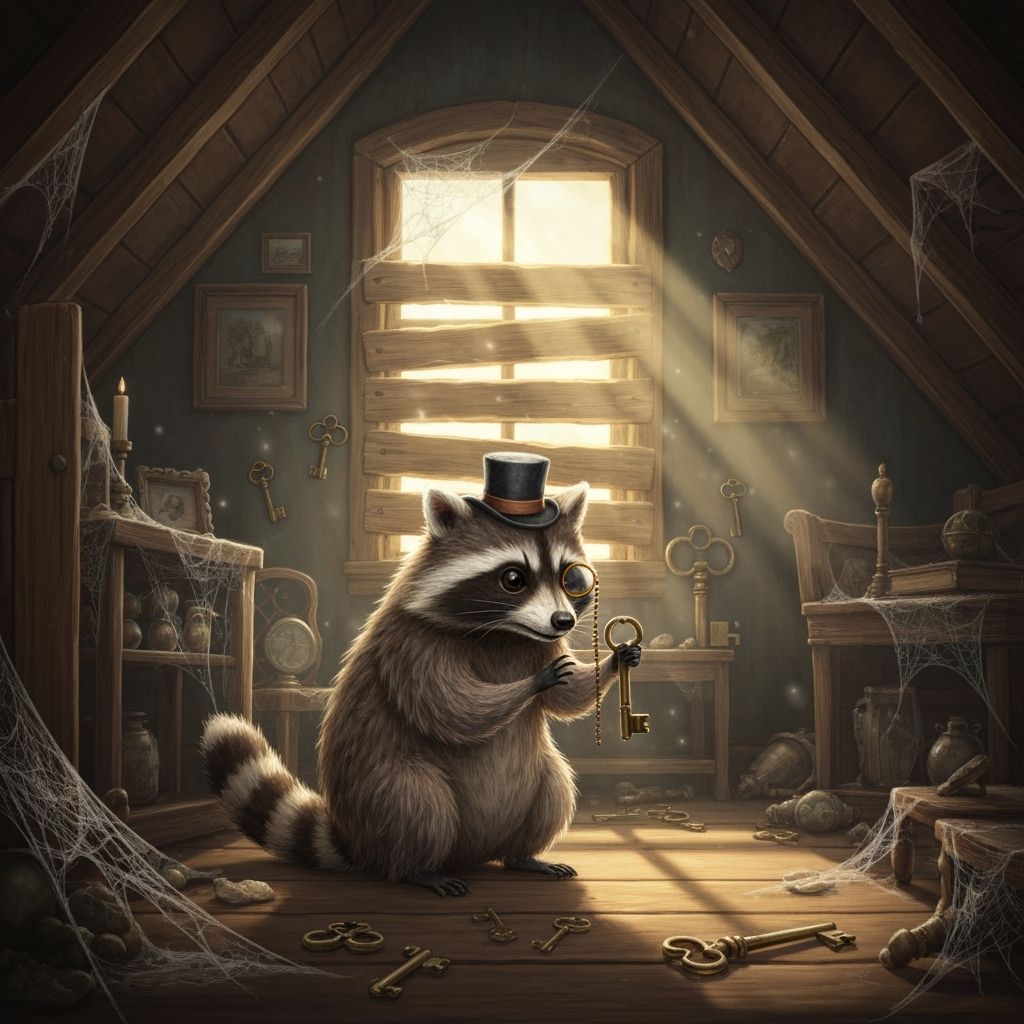 Raccoon Detective in Attic, Whimsical Art Style