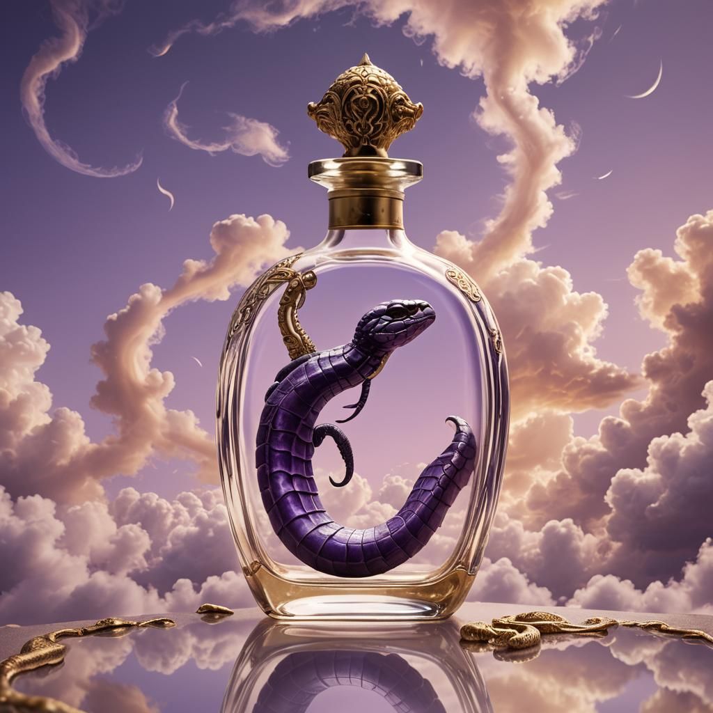 Purple Cobra Dreams in Perfume Bottle: Surreal Art