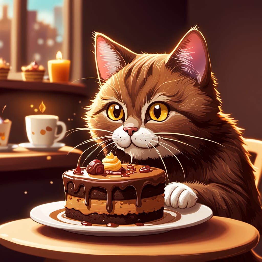 Brown Cat Eats Chocolate Cake: Whimsical Cartoon