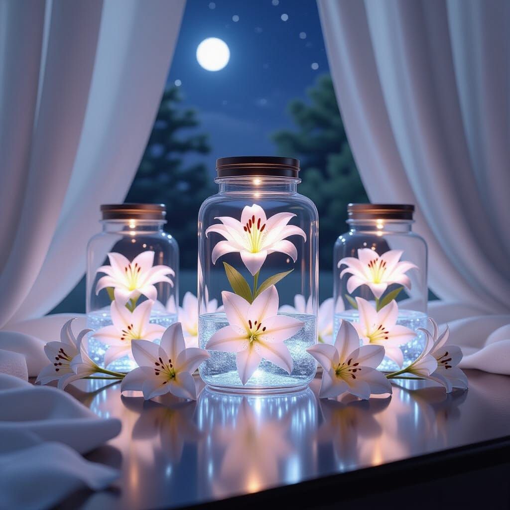 Seokjin in Glass Jars with Moonlit Lilies, Elegant 3D Render