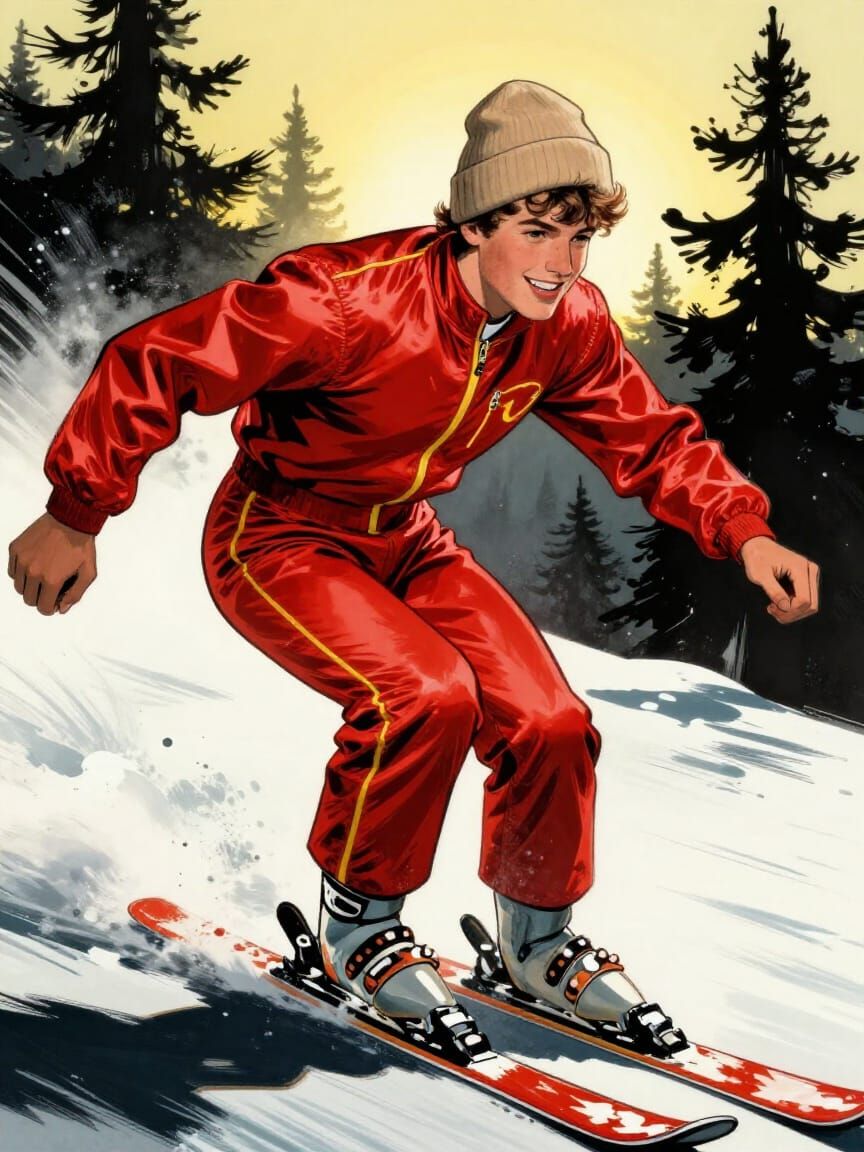 Dynamic 1950s Ski Suit: Young Man on Black Run