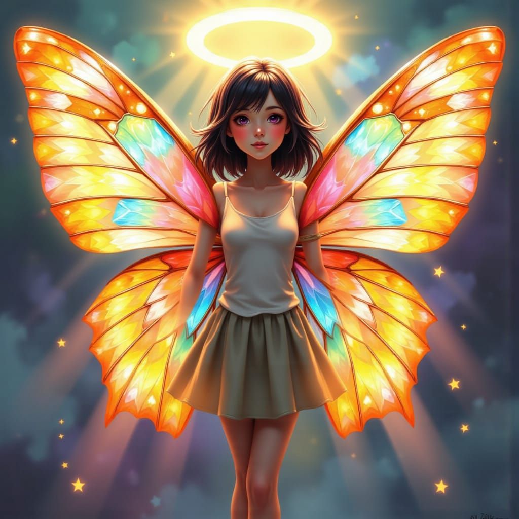 Anime Girl with Fractal Moth Wings in Pastel Colors