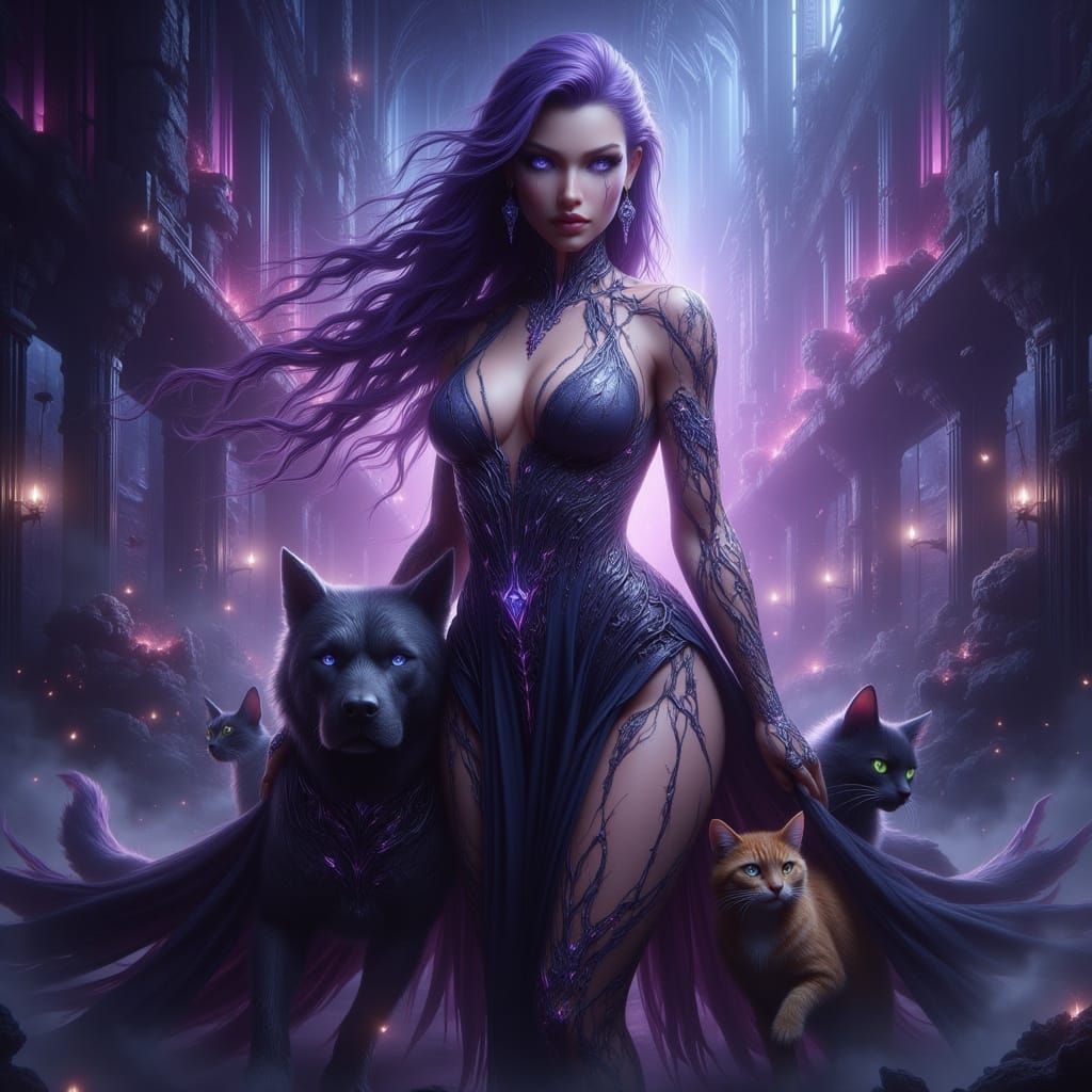 Mystical Woman with Pets in Fantasy Art Style