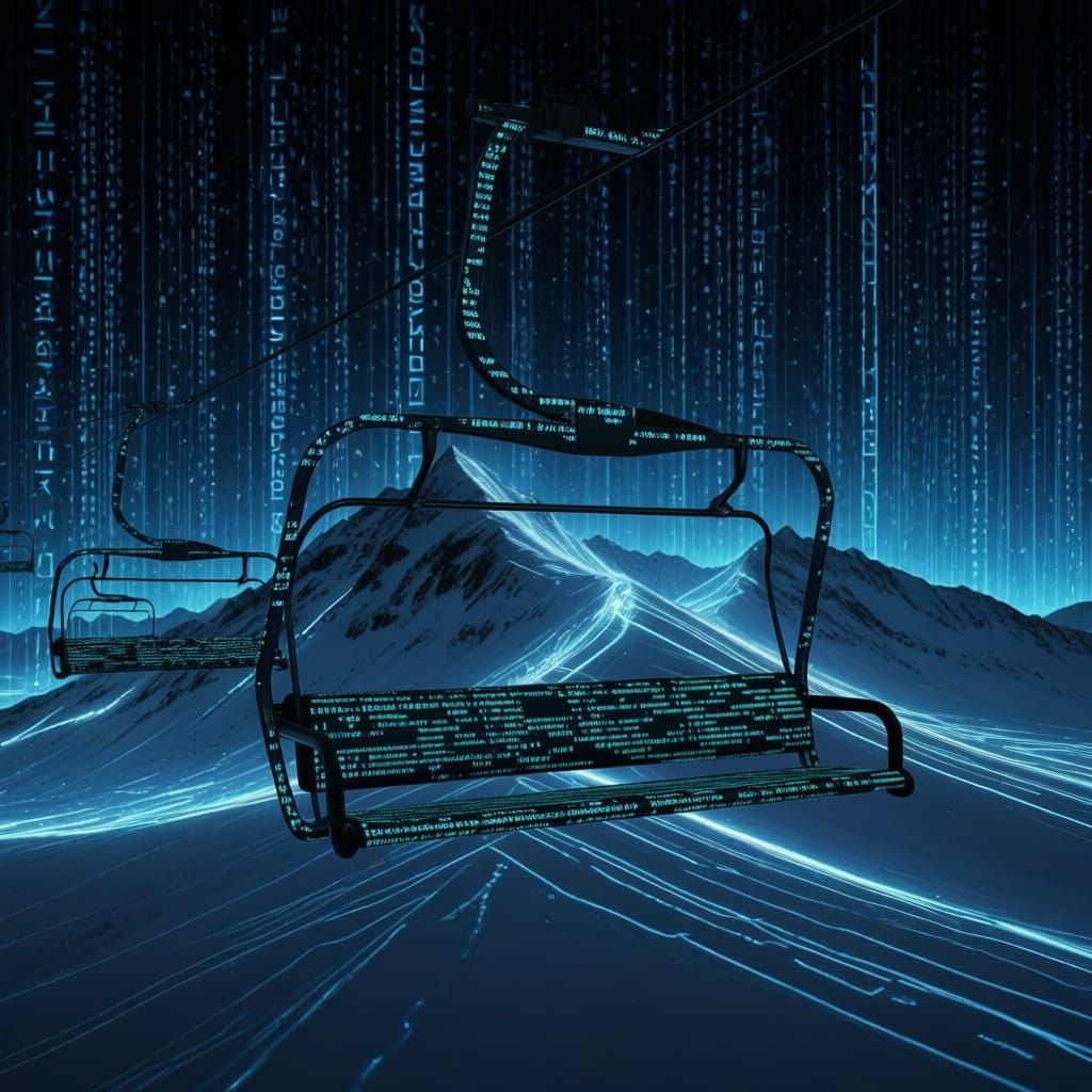 Digital Mountain Ski Scene Made of Binary Code