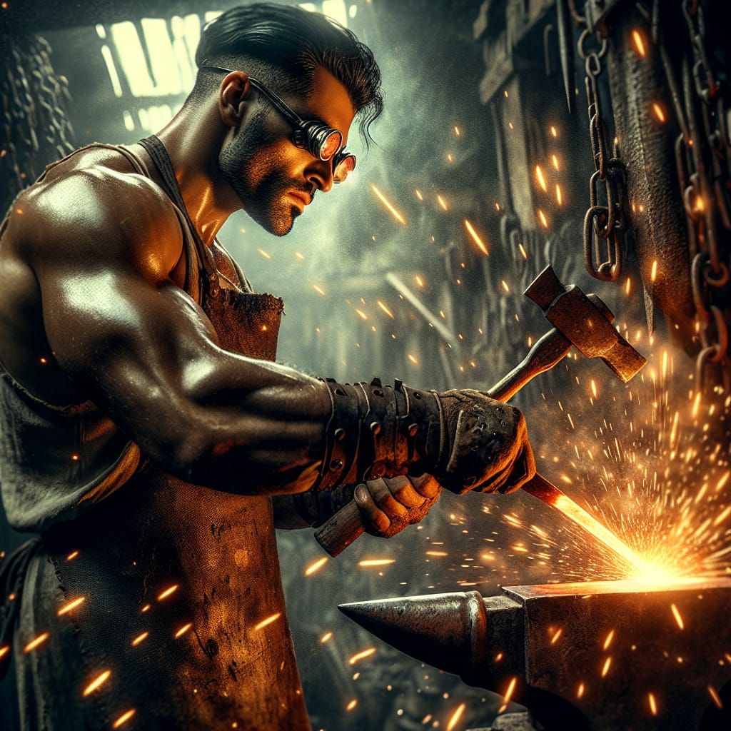 Cyberpunk Blacksmith Forges Iron in Oil Painting Style