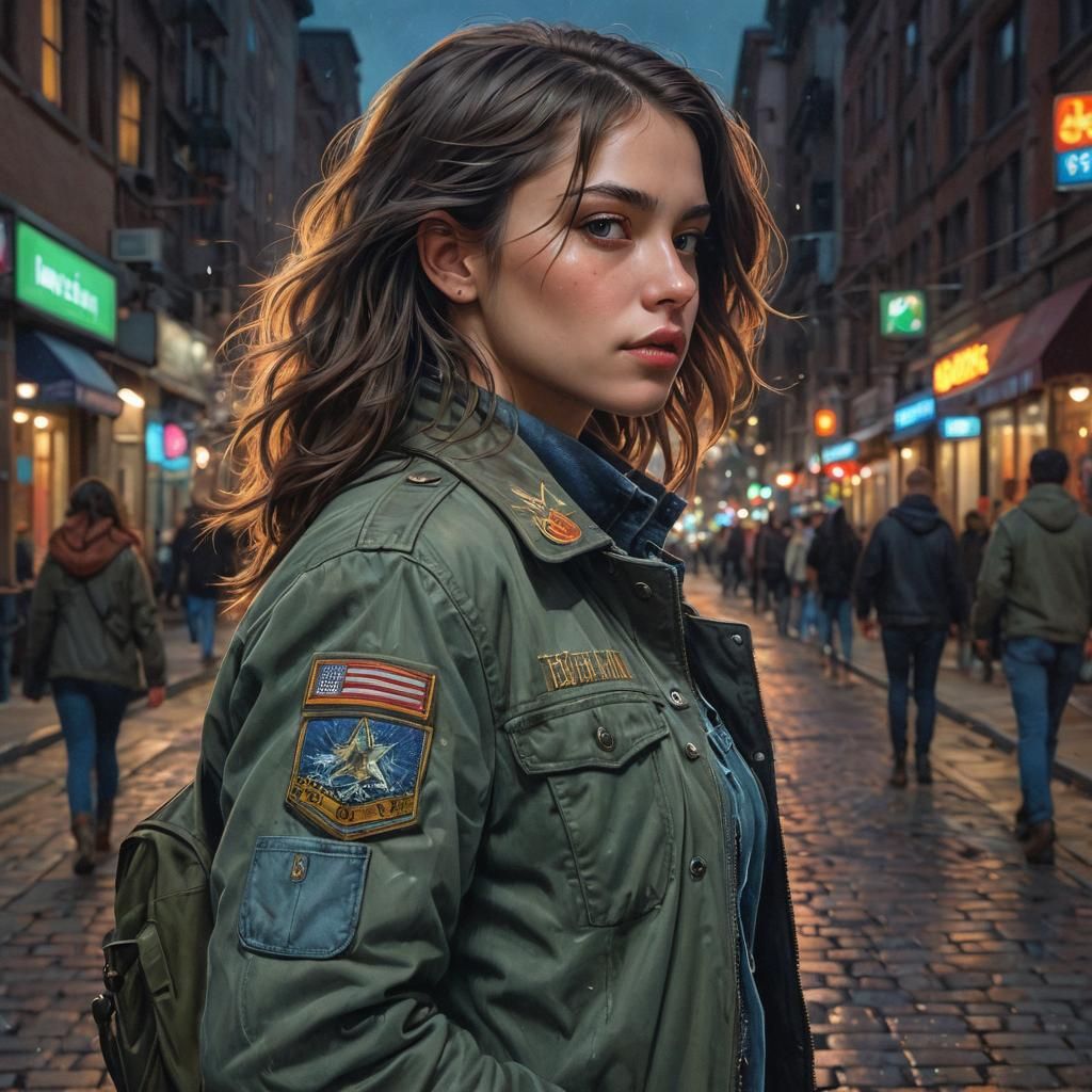 Woman in Neon Cityscape: Art Nouveau Digital Painting