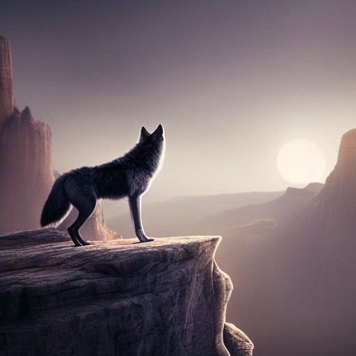 Dramatic Wolf Howling at Moon on Cliff