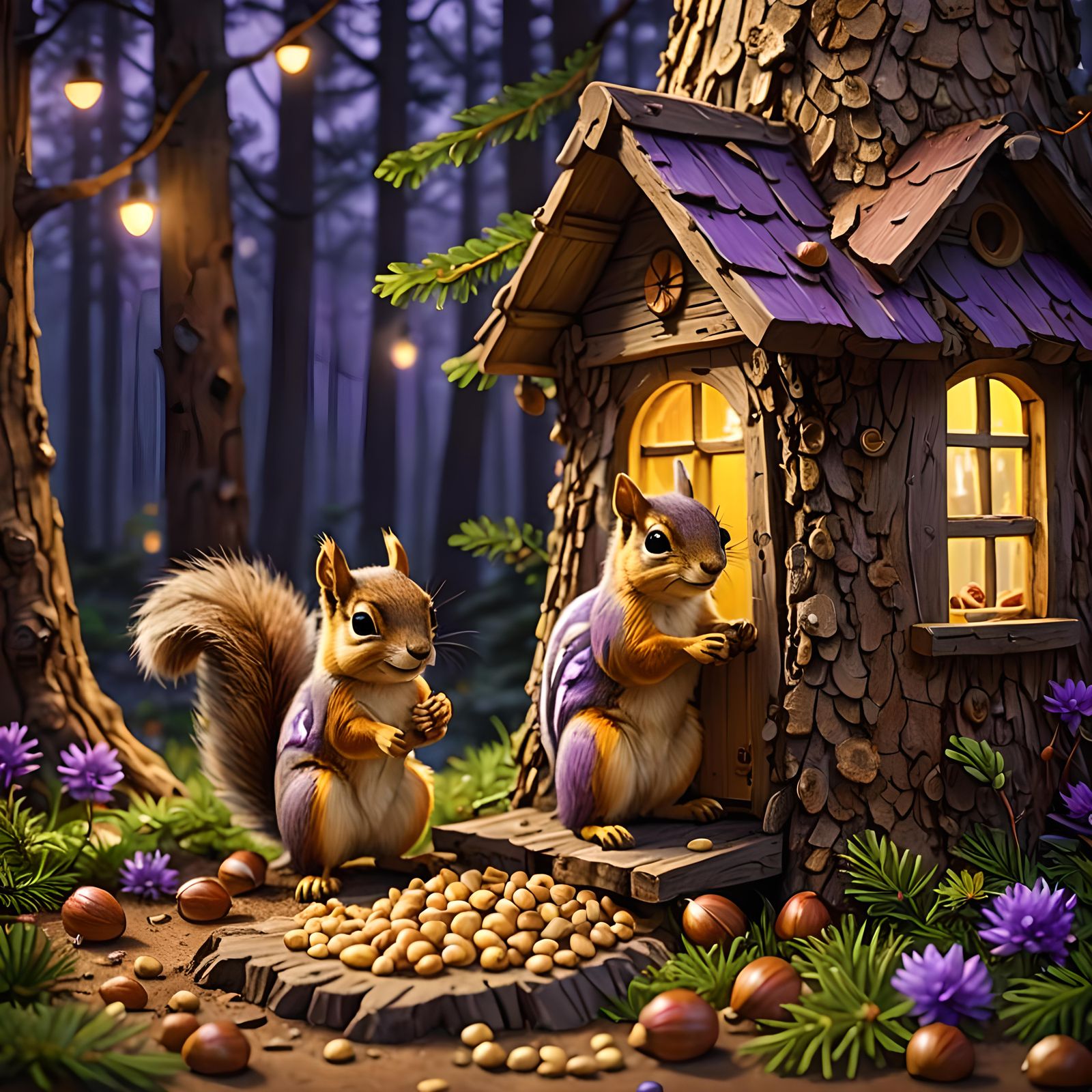 Happy Squirrel in Pine Tree House