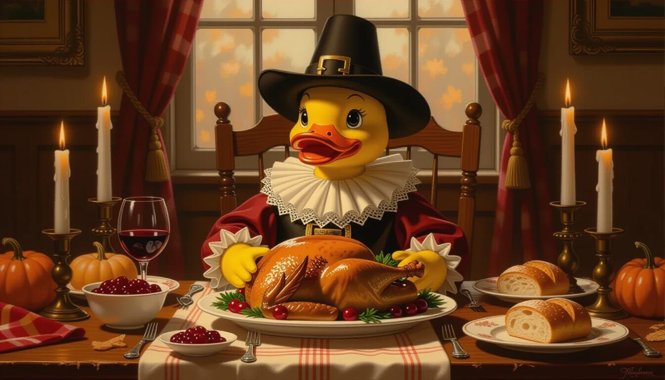 Pilgrim Duck at Thanksgiving Dinner Oil Painting