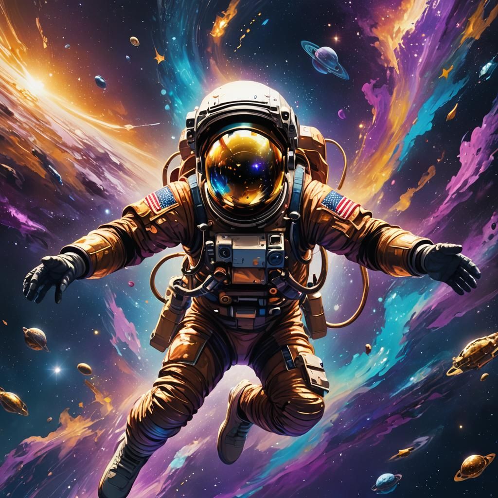 Astronaut Swimming in Space with Golden Light