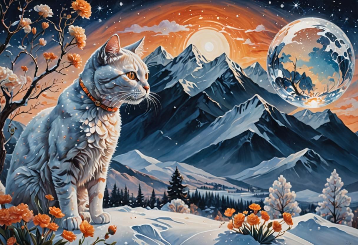 Transparent Cat in Vibrant Snowy Landscape with Swirling Clo...