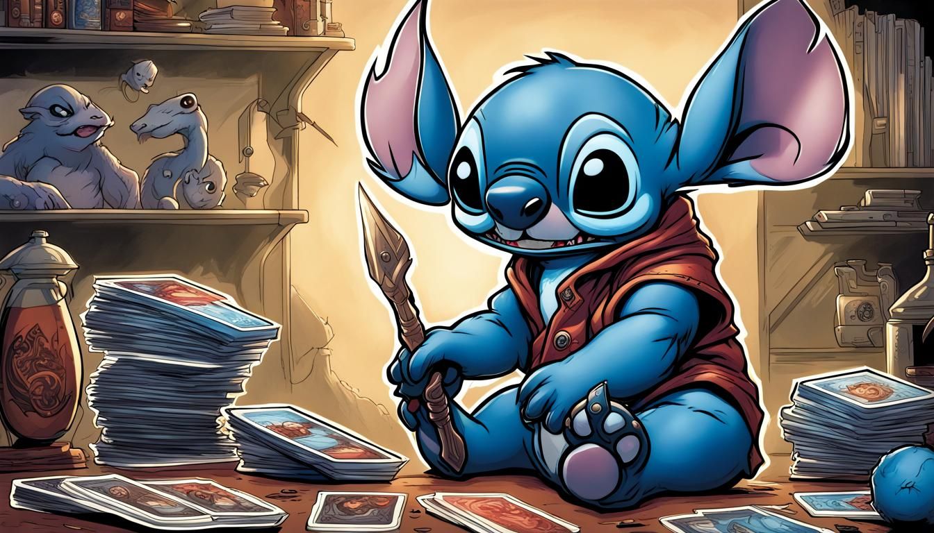 Stitch Playing Lorcana Card Game in Comic Art Style