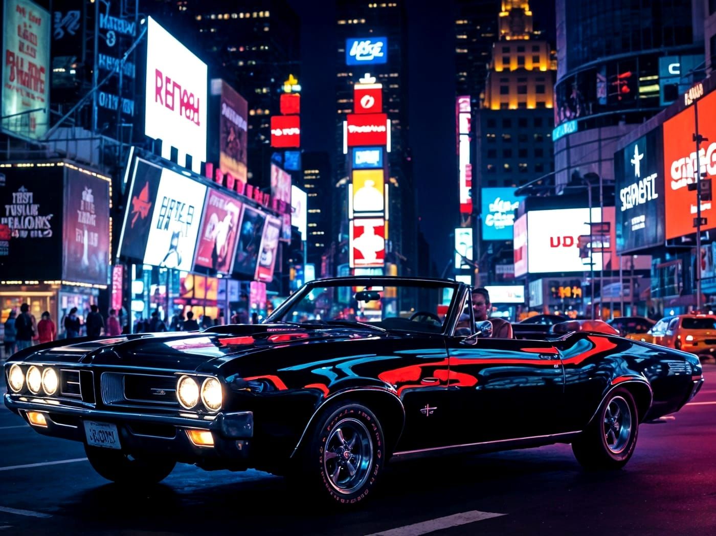 1968 GTO Drives Through Neon Times Square At Night
