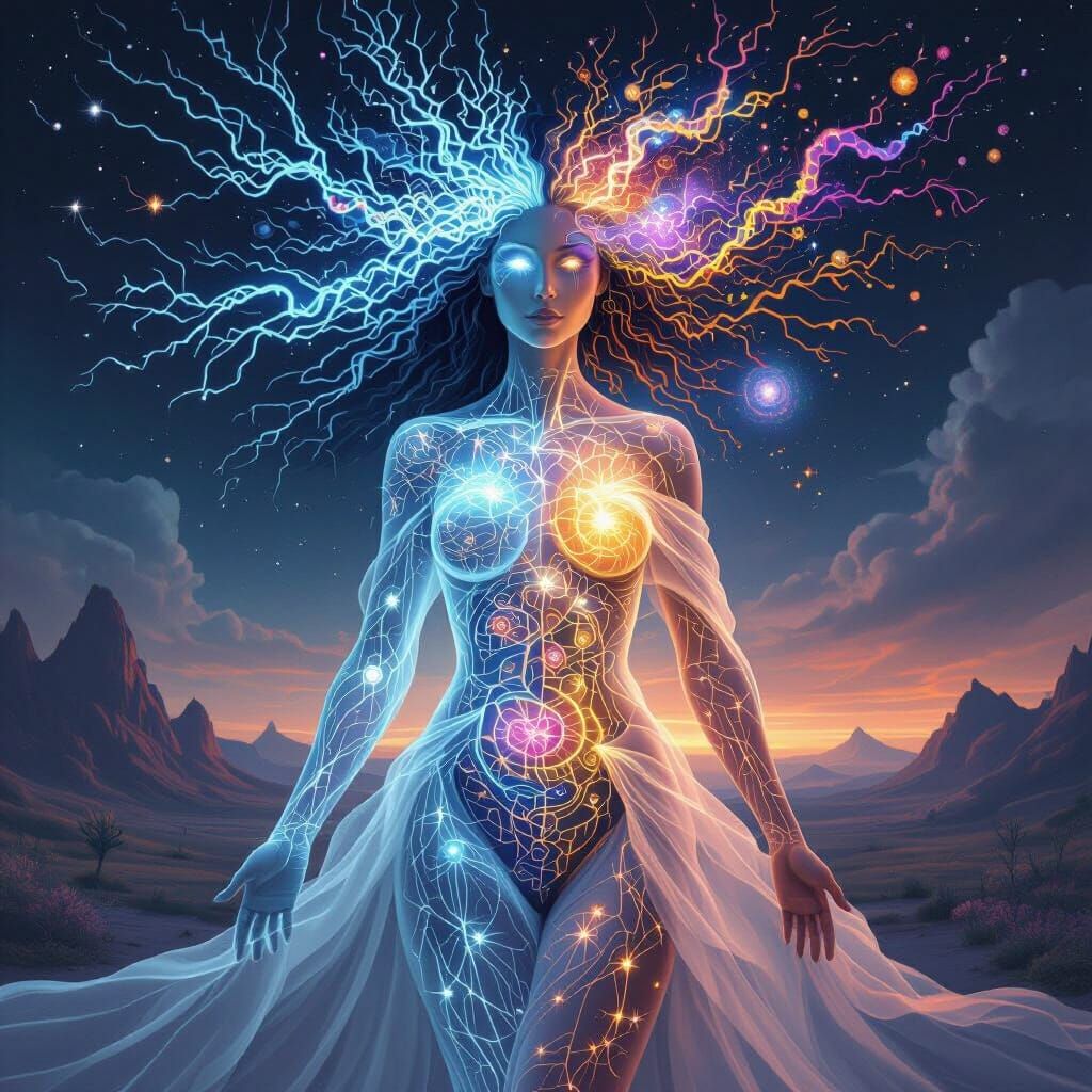 Surreal Transformation: Woman Merging with Nature and Cosmic...