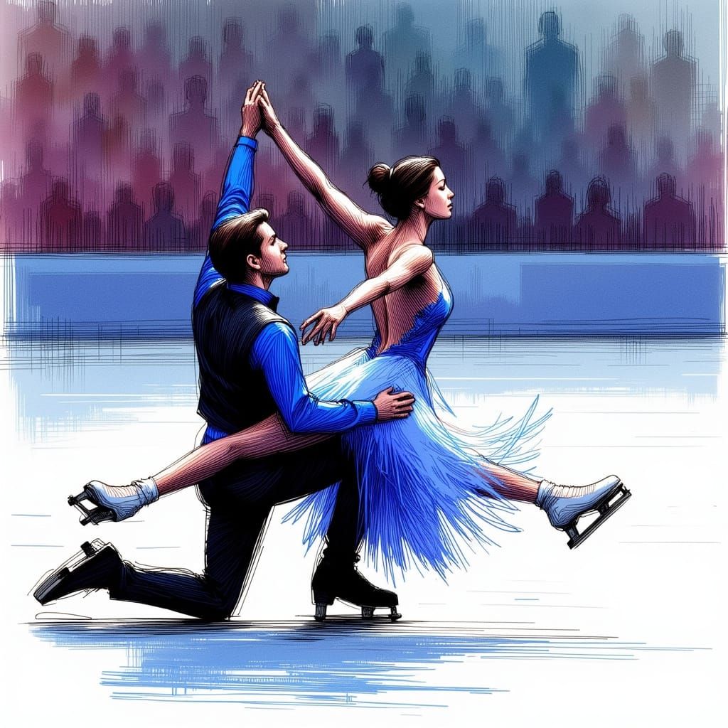 Dynamic Ice Skating Duo in Watercolor and Ink Style