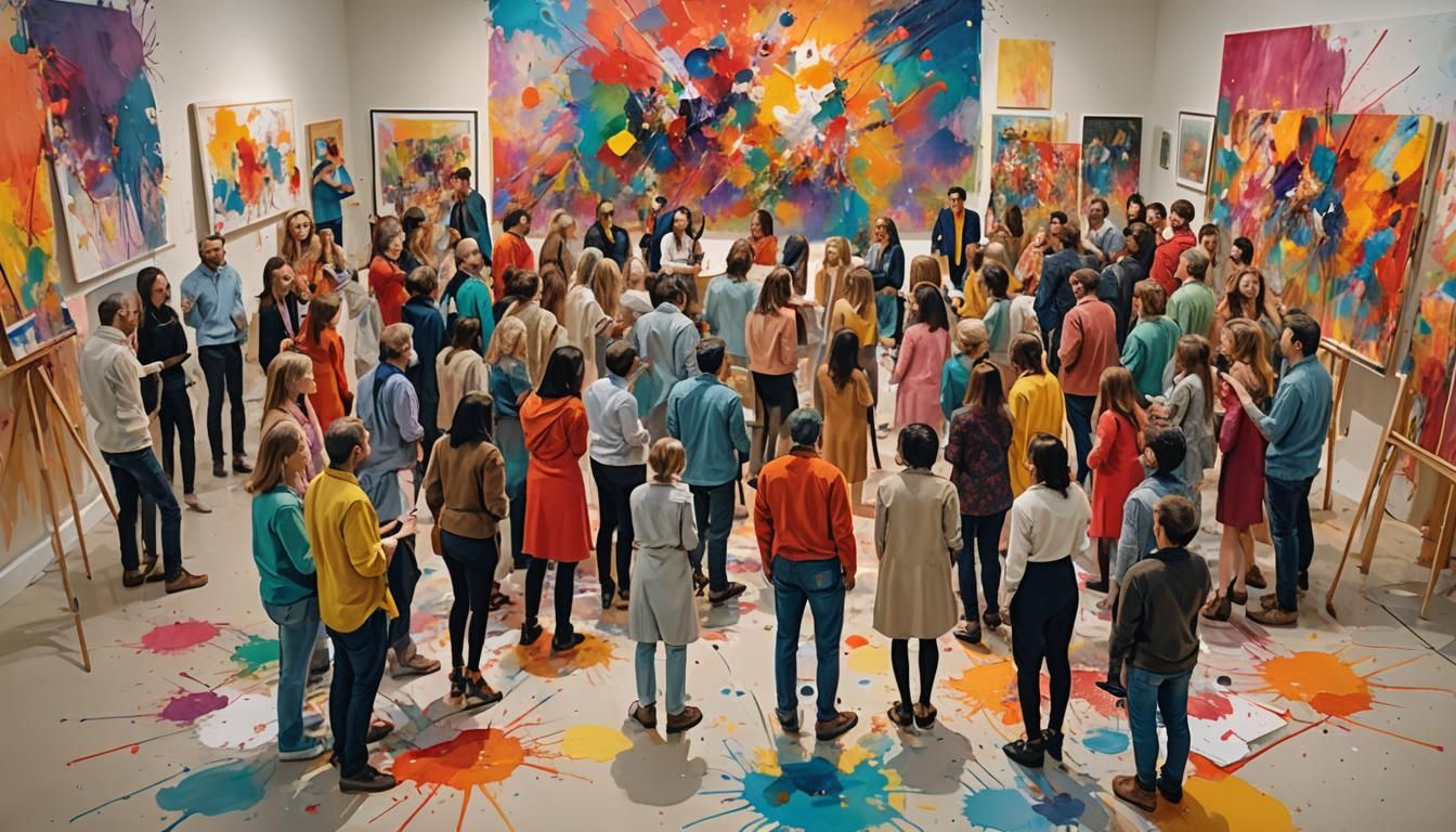 Expressionist Art Gallery Scene with Diverse Group