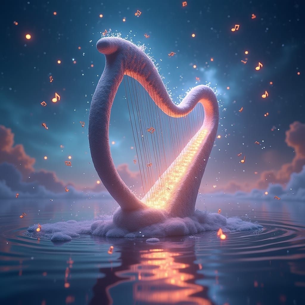 Ethereal Harp with Floating Musical Notes