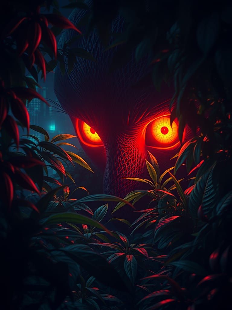 Surreal Cyberpunk Eyes Glow in Dark Cityscape