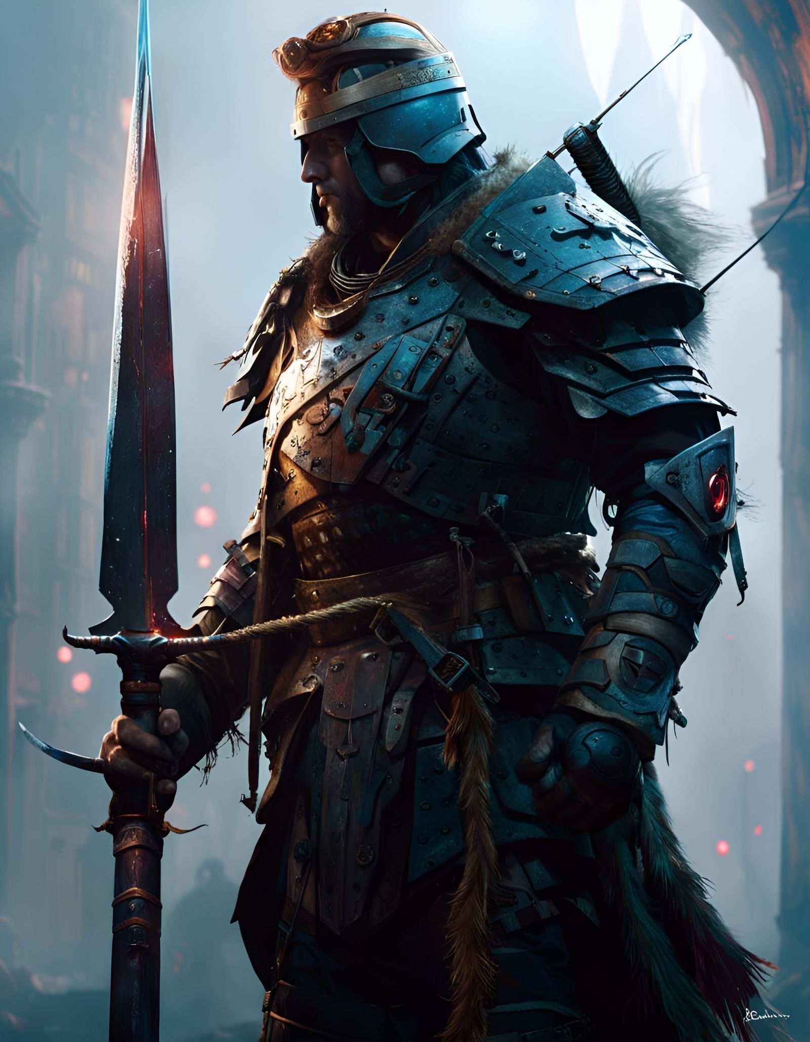Detailed Fantasy Soldier with Polearm in Dramatic Lighting