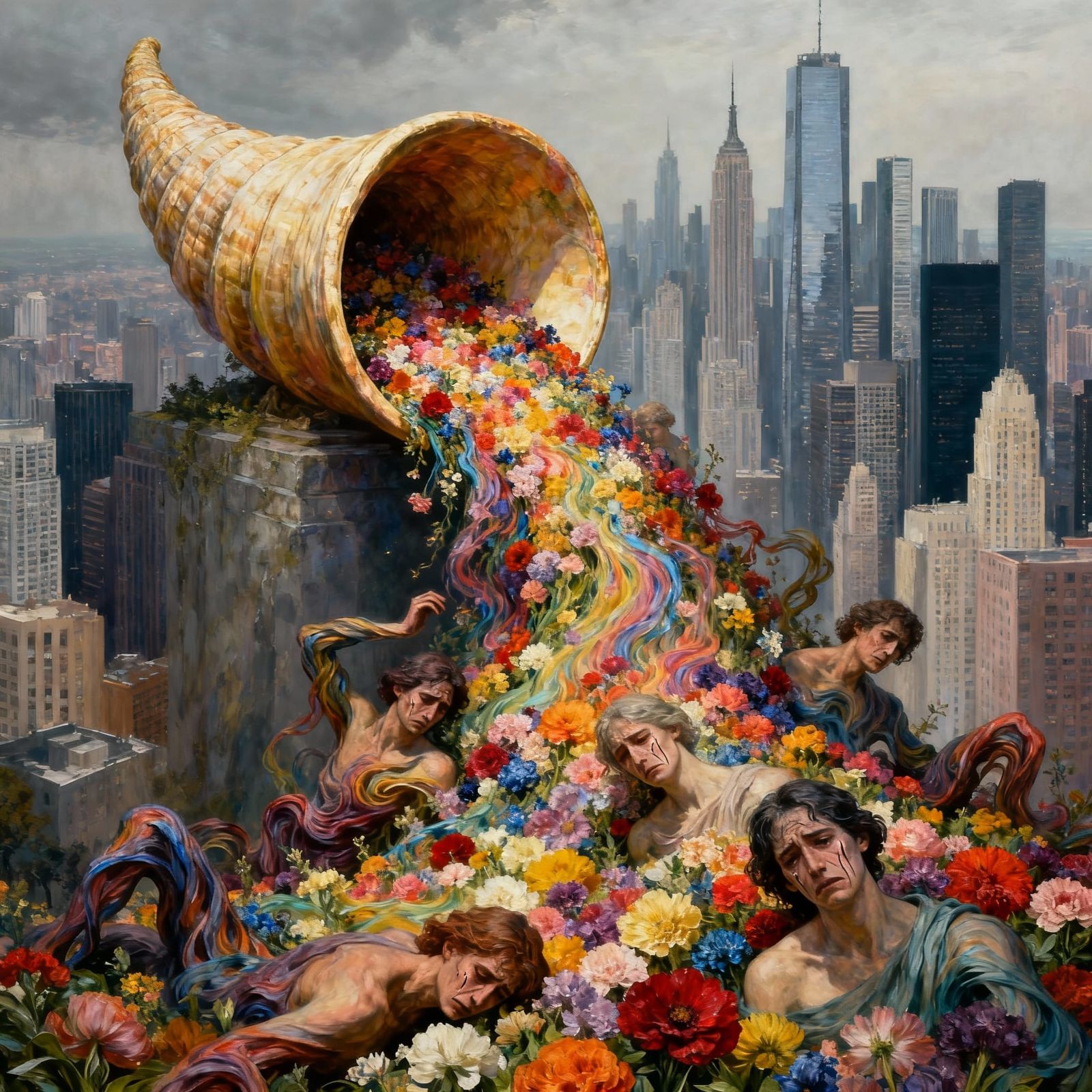 Cornucopia of Flowers with Sad Figures and Cityscape