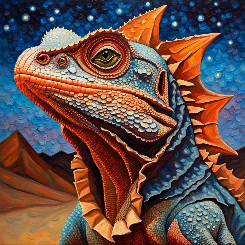Frilled-Neck Lizard Portrait in Vivid Impasto Style