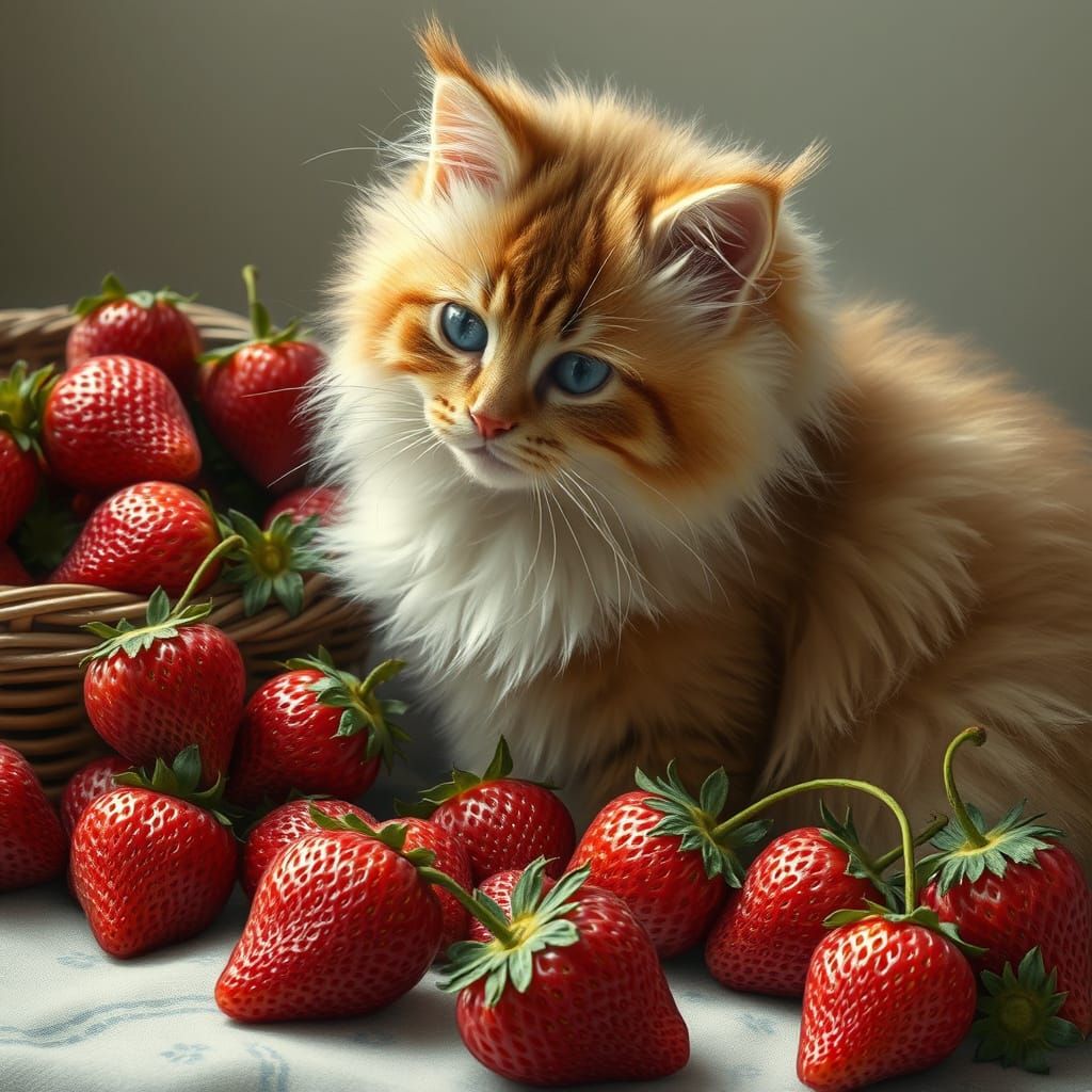 Fluffy Cat Surrounded by Ripe Strawberries in Photorealistic...