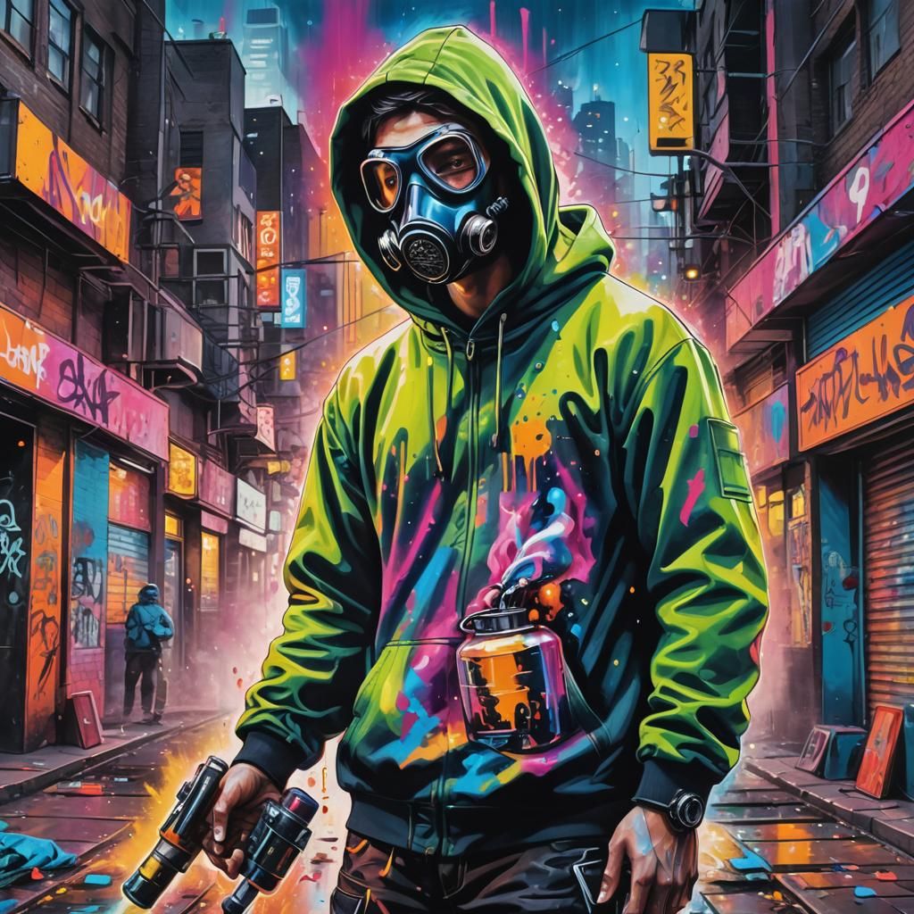Gas Mask Man in Neon Cityscape Graffiti Art
