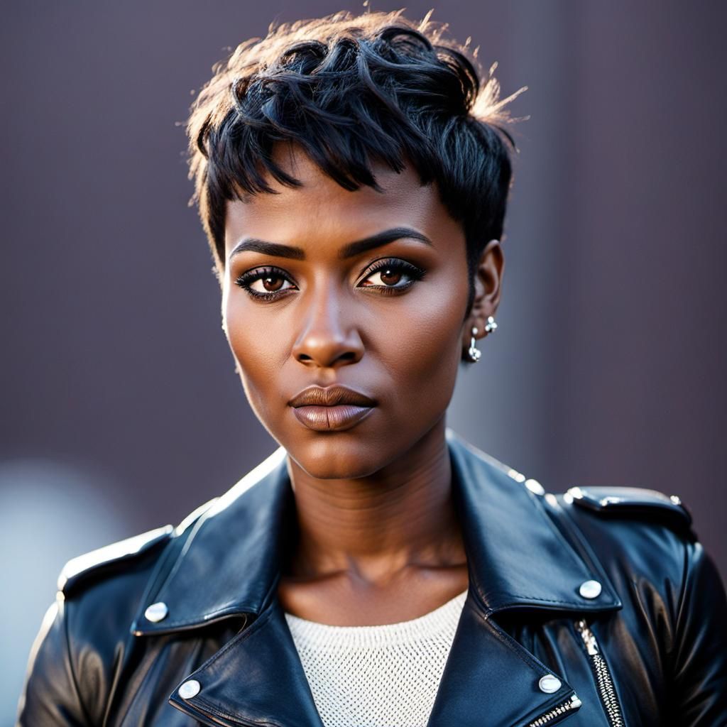Stylish Young Woman with Pixie Cut and Leather Jacket