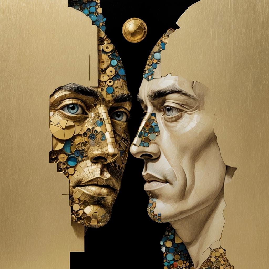 Surreal Face Fused with Cabinet, Geometric Art Nouveau Style