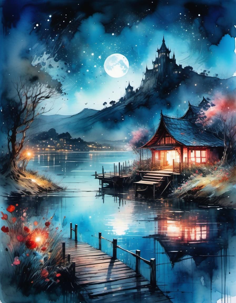 Epic Gateway Under Blood Moon, Watercolor Style