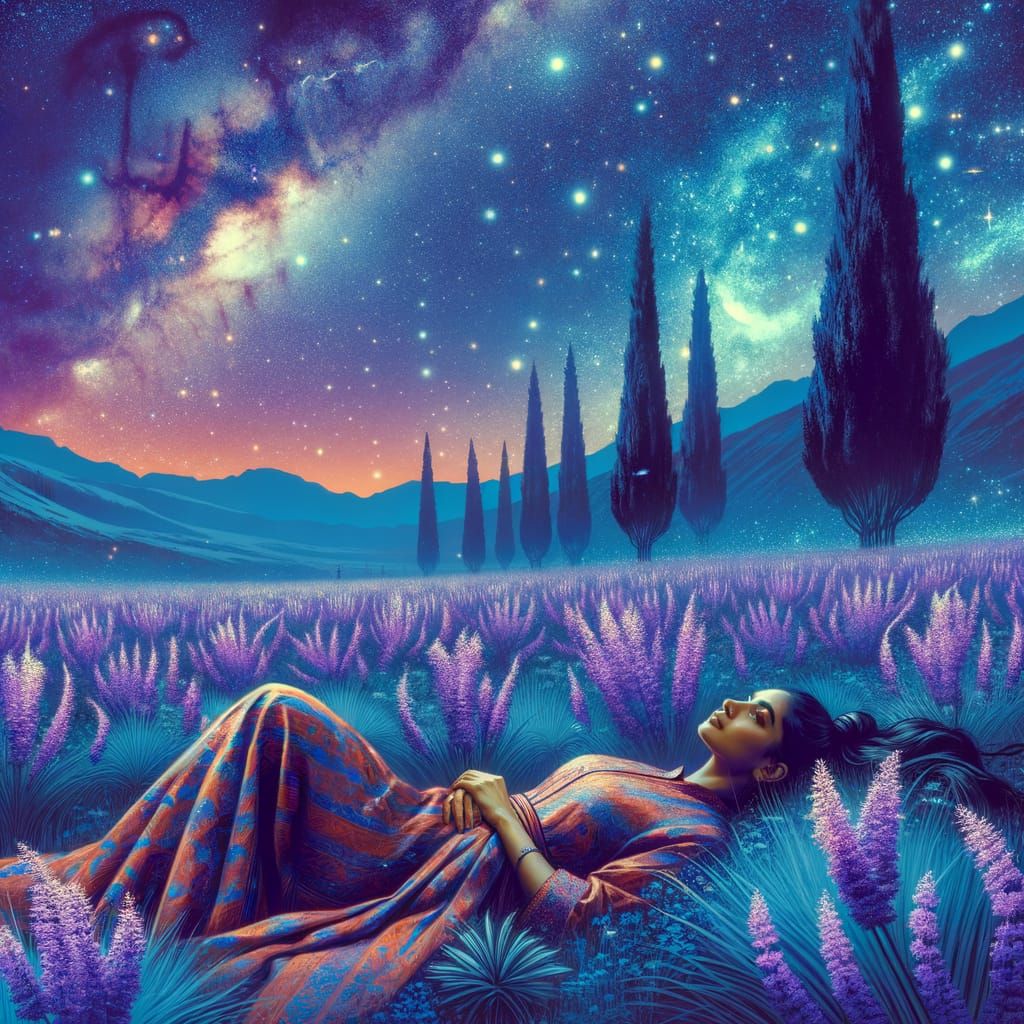 Woman in Lavender Field Under Astral Night Sky