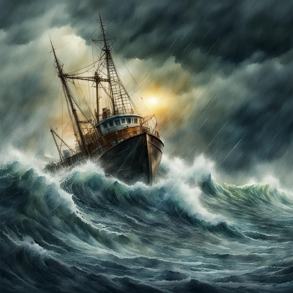 Fishing Trawler Caught in Stormy Watercolor Ocean