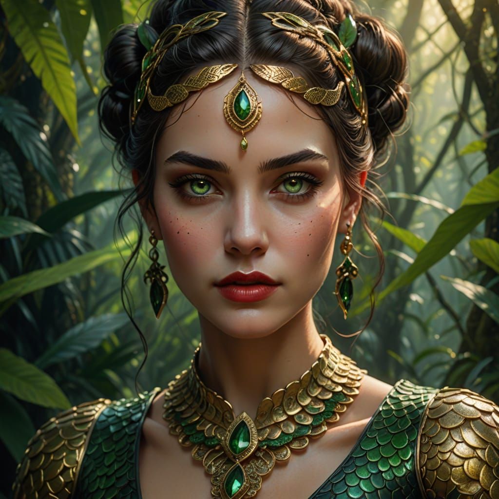 Woman with Snake Hair and Scale Mask in Jungle