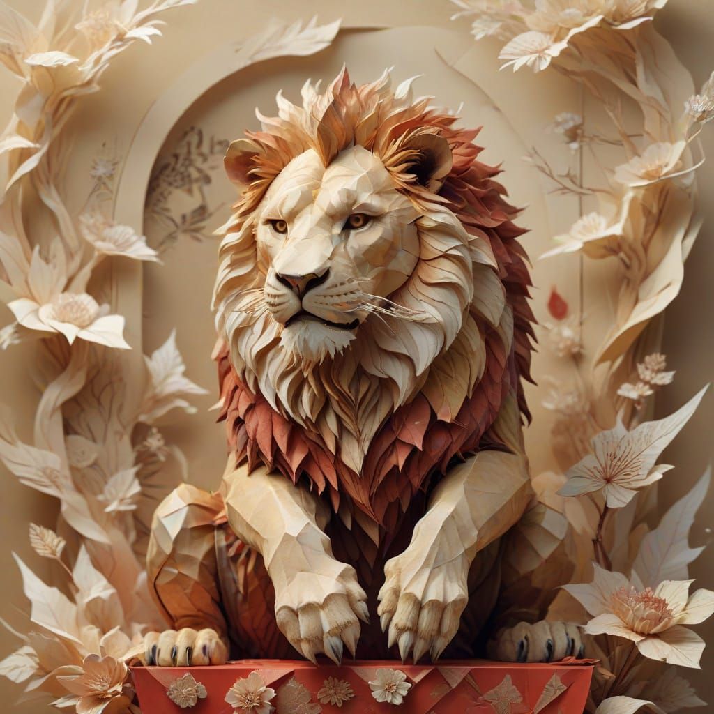 Majestic Lion on Ornate Origami Throne