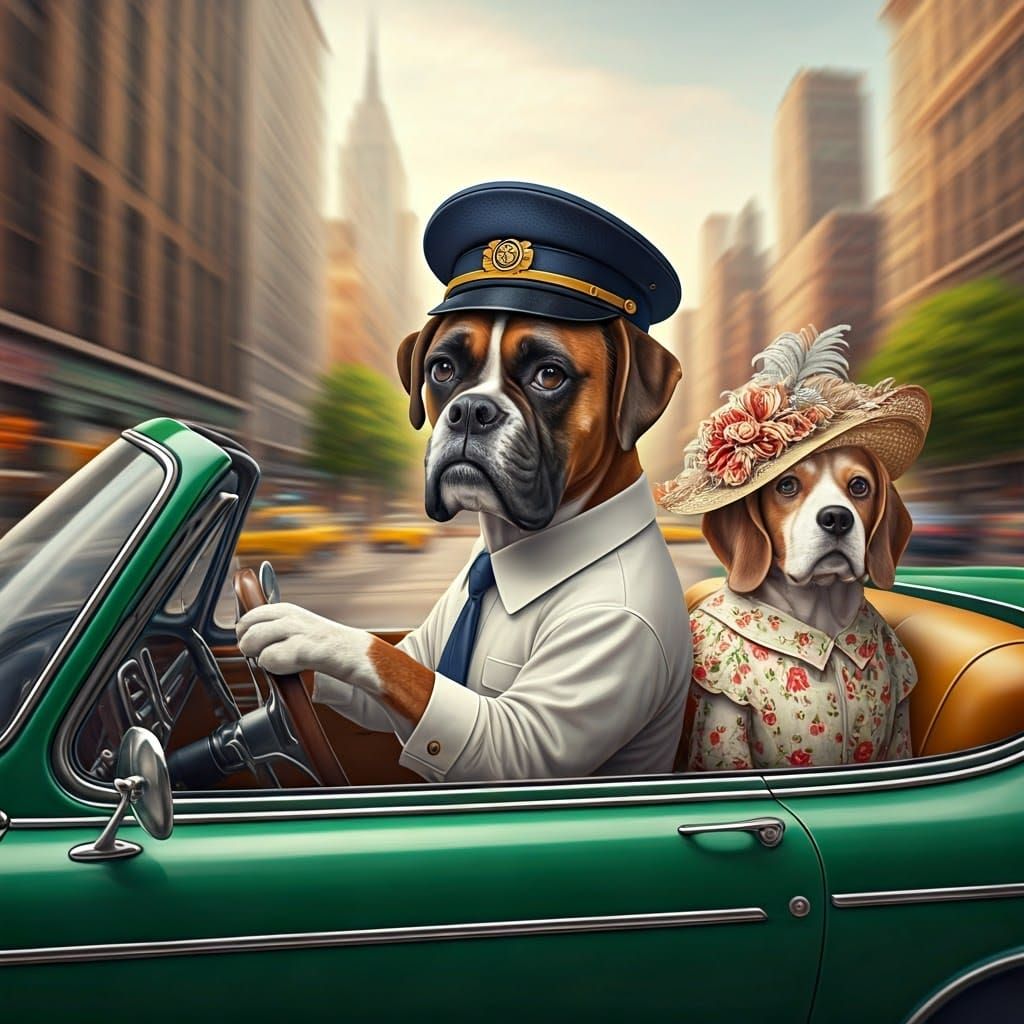 Boxer Dog Taxi Driver in a Whimsical Sunday Stroll