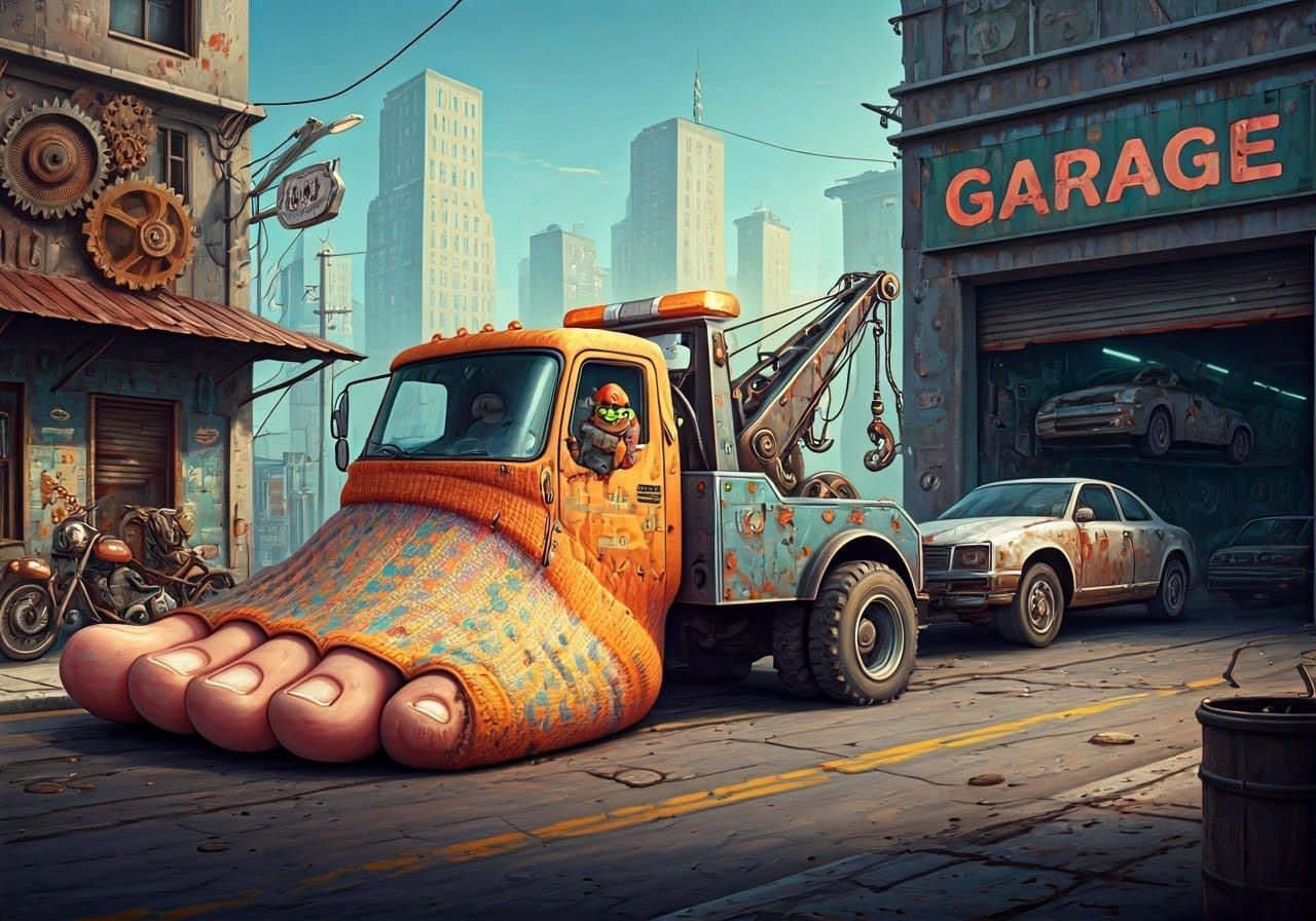 Foot-Shaped Tow Truck in Whimsical Cartoon Style