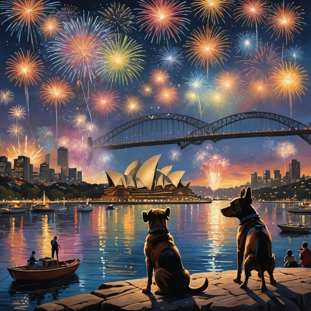 Sydney Fireworks with Dogs in Silhouette