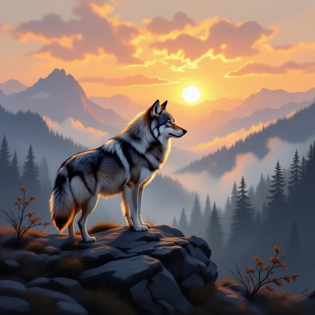 Majestic Wolf in Dawn Forest Oil Painting
