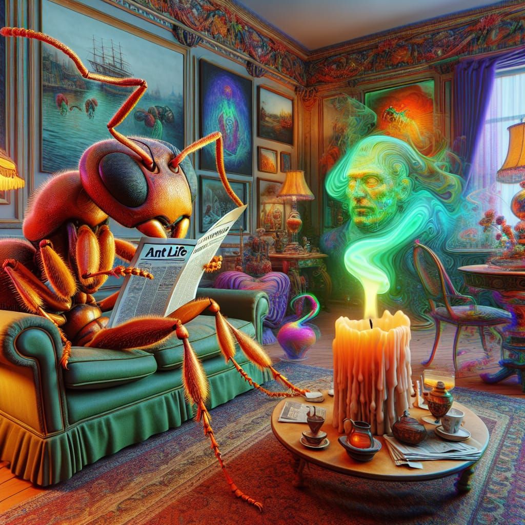 Human-Sized Ant Reads Newspaper in Victorian Room