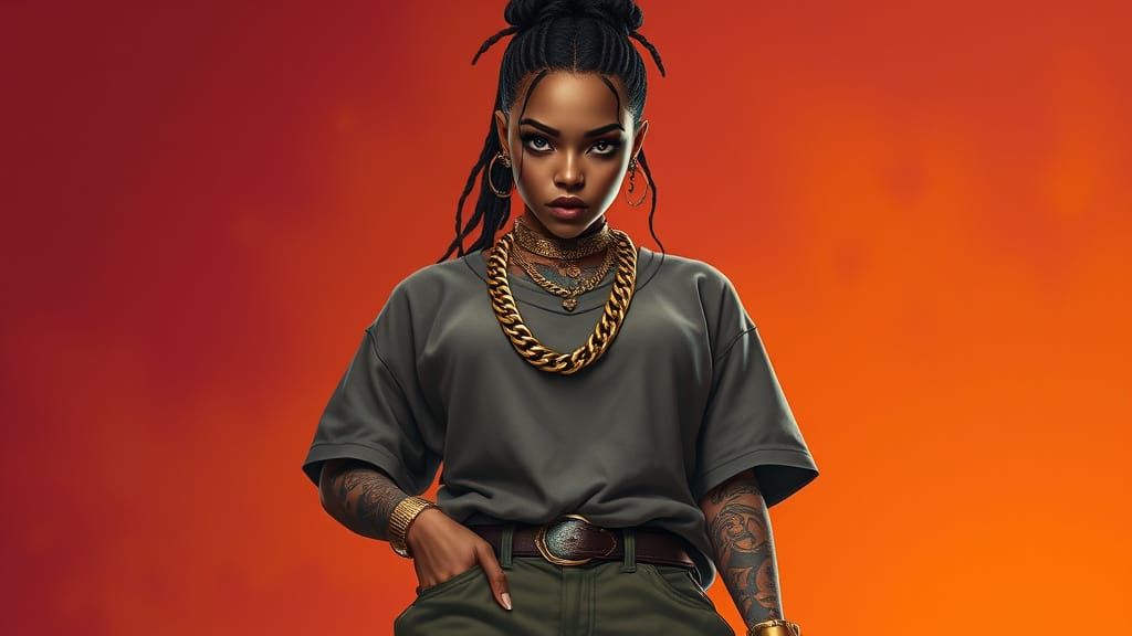 a fierce medium skin toned female rapper, pretty, piercings ...