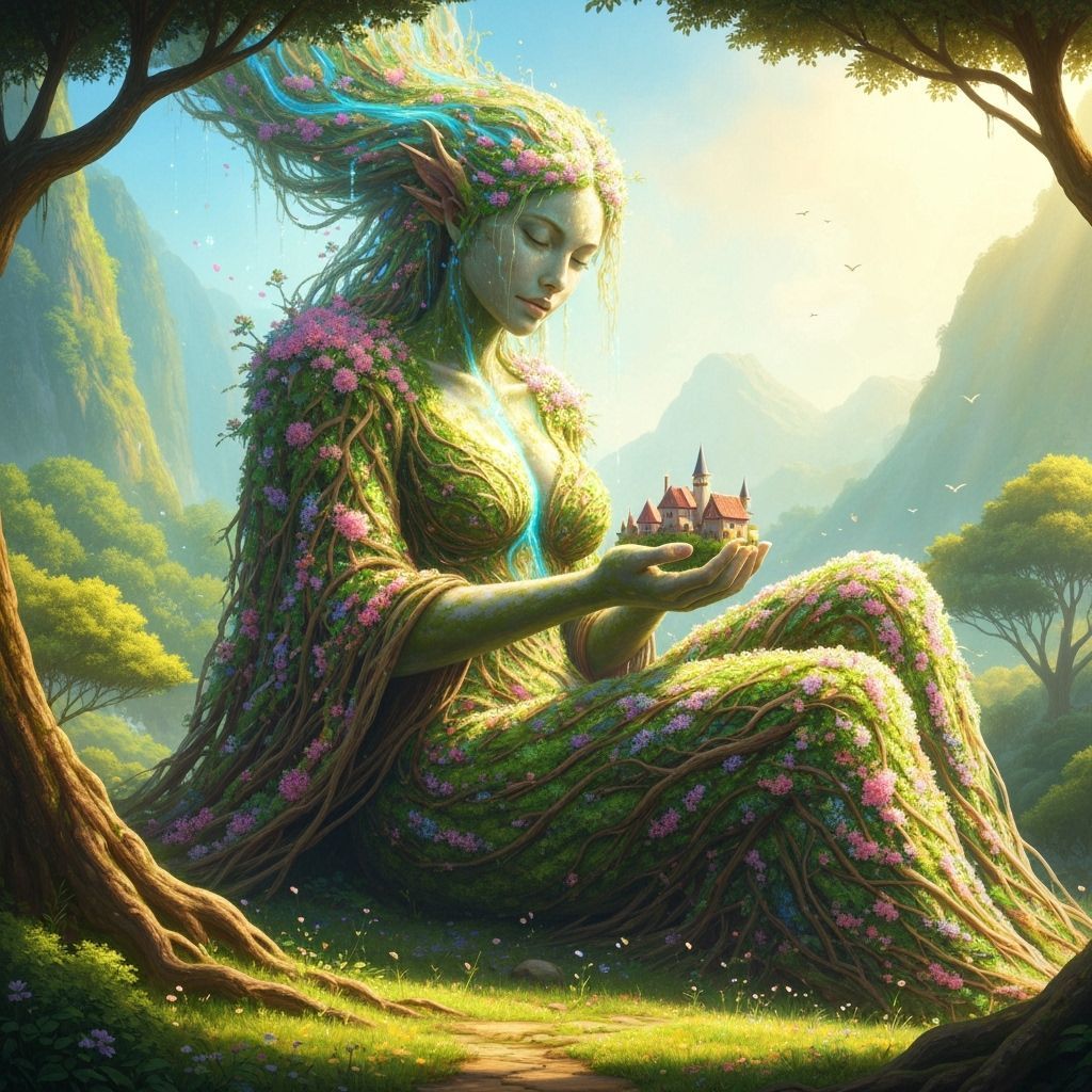 Moss Giantess Tending a Valley Village in Hyperrealistic Fan...