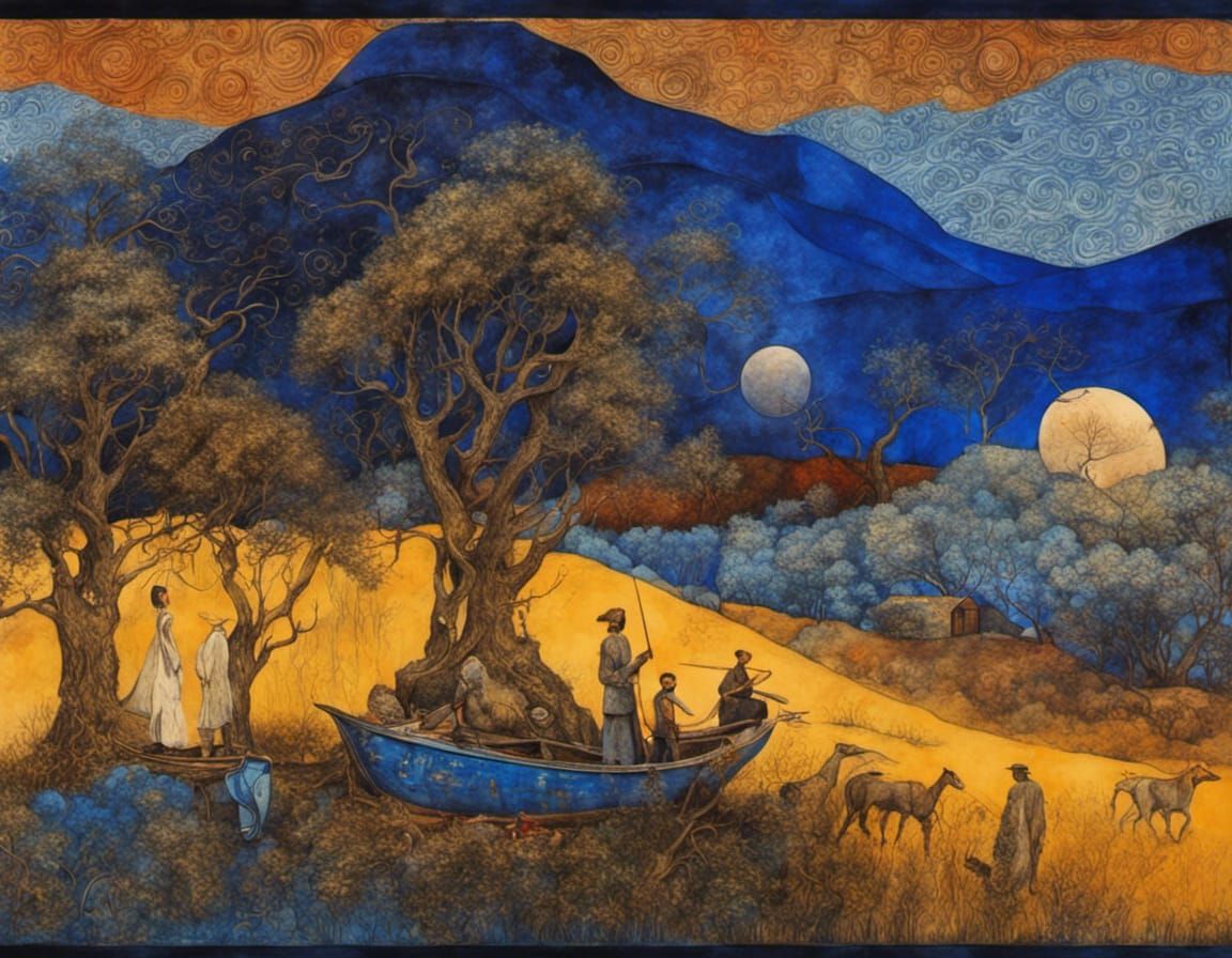 Visionary Folk Lore Ink Painting in Deep Colors