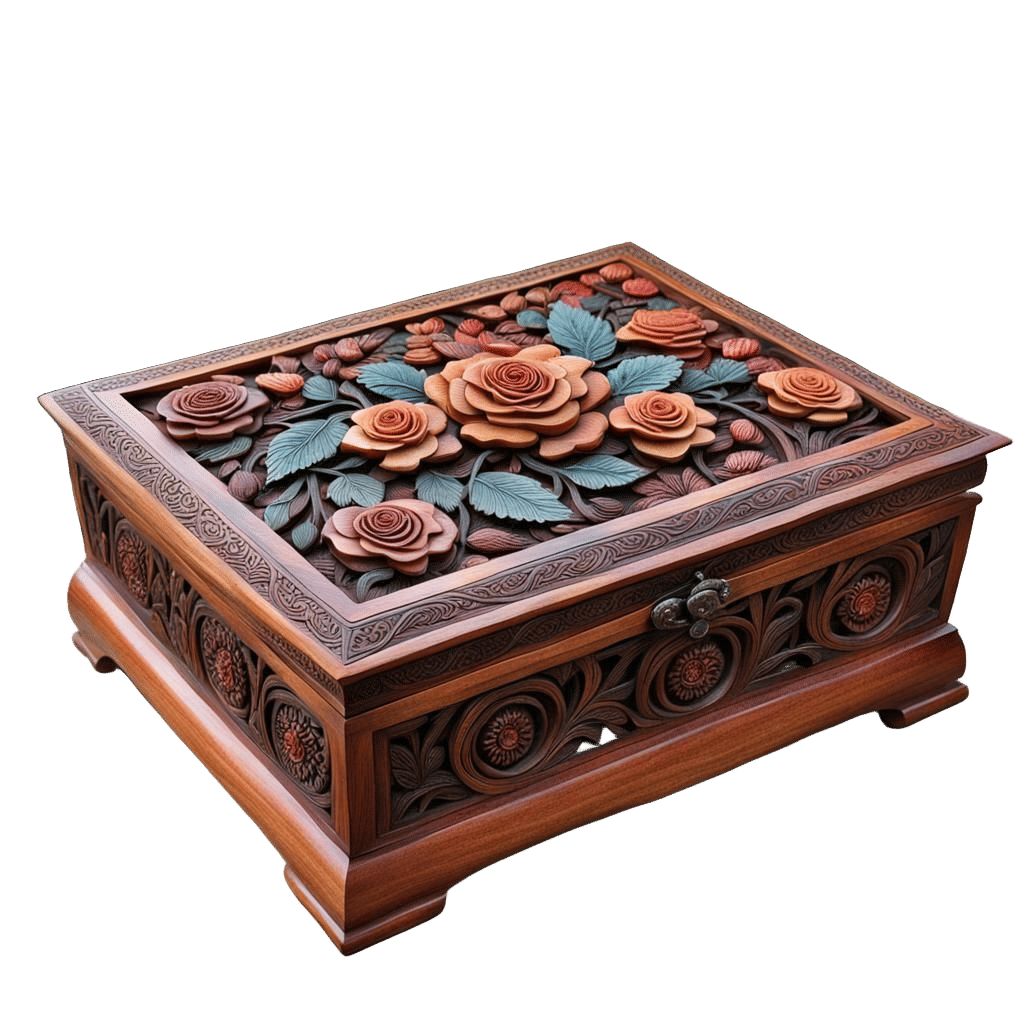 Intricate Wood Carving of Roses on Wooden Box