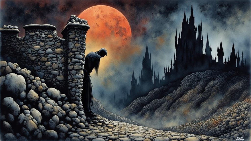 Lone Figure Hides from Looming Structures in Comic Art Style