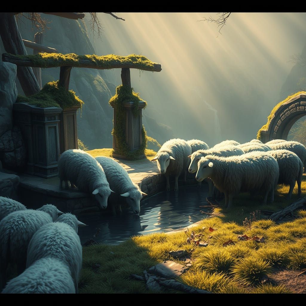 Fantasy Scene: Sheep Drinking from a Ancient Well