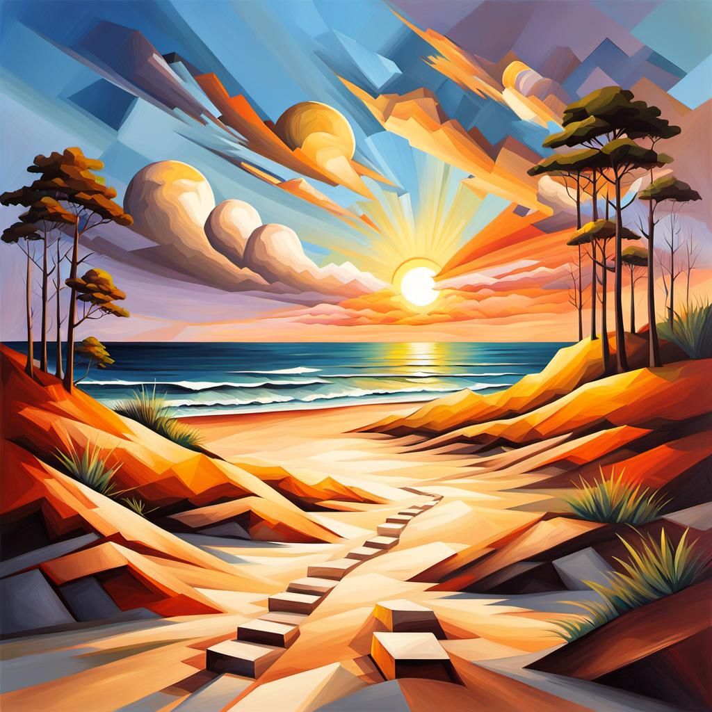 Geometric Cubist Shoreline at Sunset in Amber Light