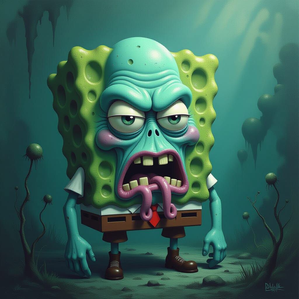 Bizarre Squidward SpongeBob Fusion in Surrealist Style