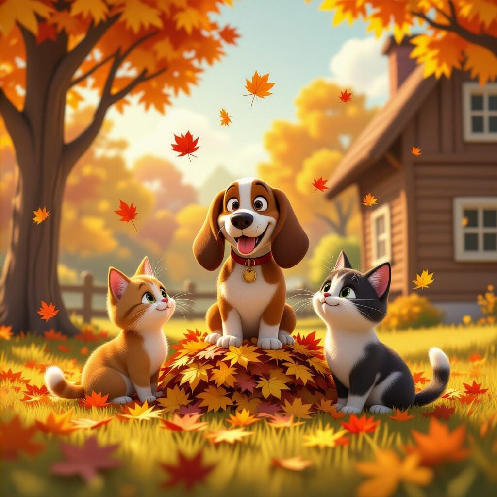 Basset Hound and Cat in Autumn Leaves, Pixar Style