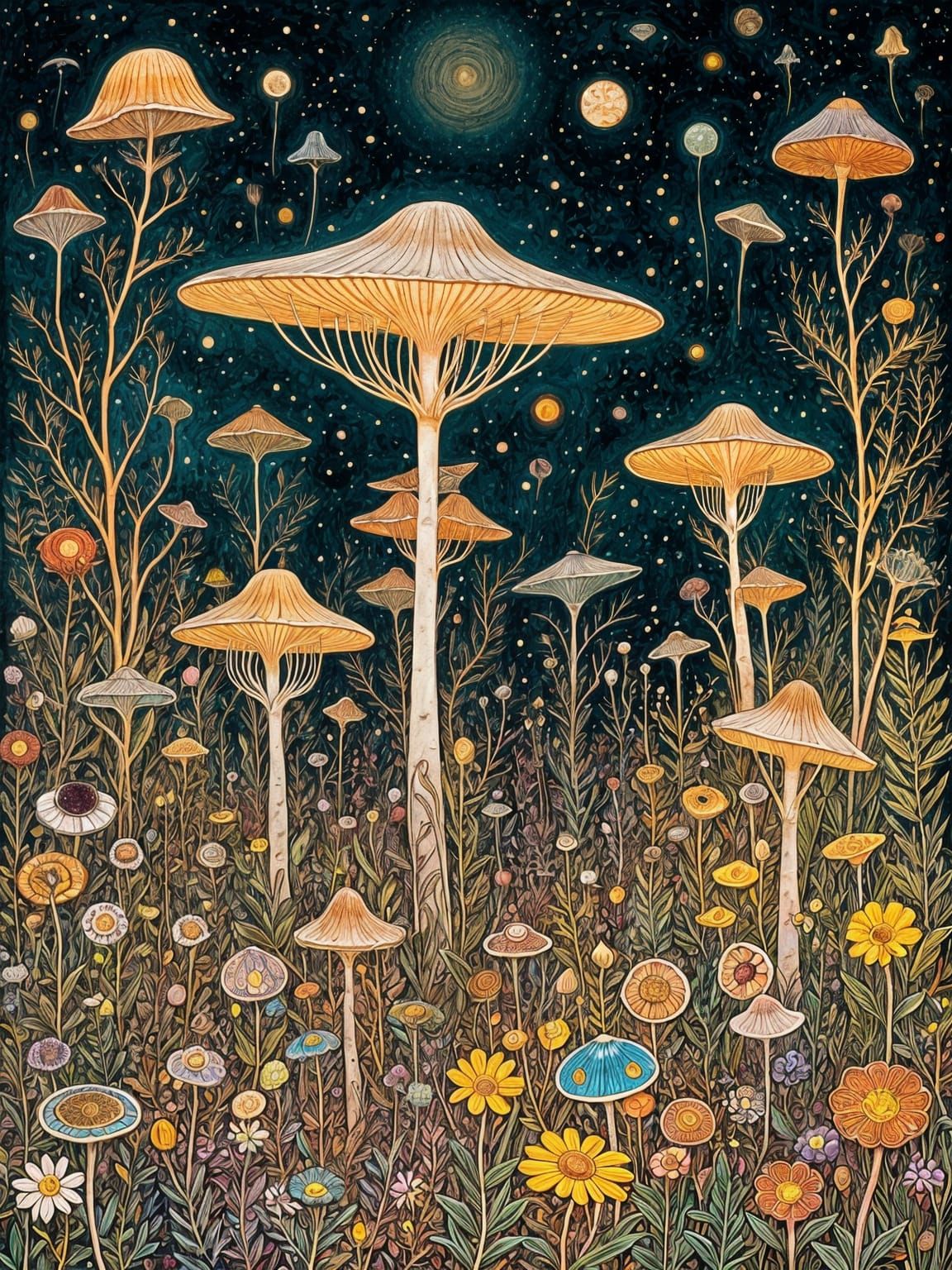 Bioluminescent Mushroom Field in Art Nouveau Style